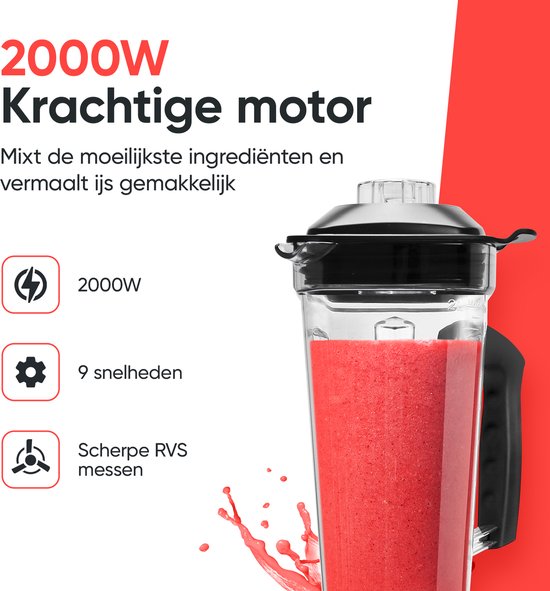 Kitchenwell Power Blender - 2000W - 2L - 9 Funktionen - Smoothie Maker - Edelstahl - Schwarz