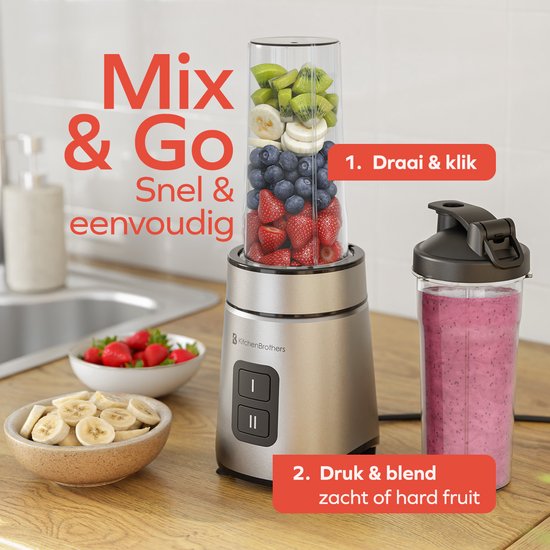 KitchenBrothers Mini Mixer - Mixer zum Mitnehmen - 2 Ständer - Smoothie Maker - 2 To-Go Becher 600 ml - Schwarz