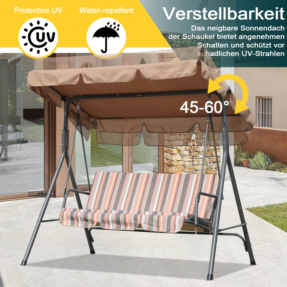 Angel Living Gartenschaukel 3-Sitzer – mit verstellbarem Sonnendach – Grau – 169 x 110 x 151 cm