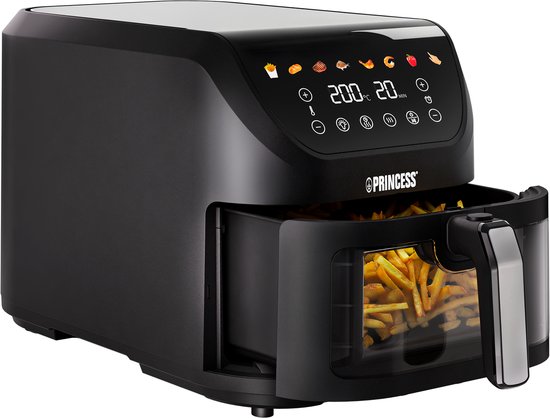 Princess 182257 SlimFry Heißluftfritteuse – 8 l Fassungsvermögen – Transparentes Sichtfenster – Digitaler Touchscreen – 8 voreingestellte Programme – Kompaktes Design – 2000 W