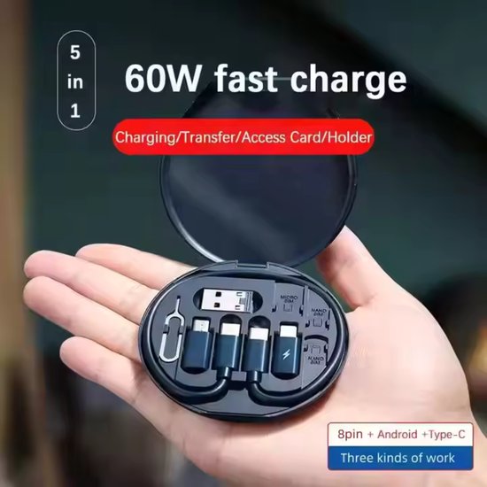 Mini-Multifunktions-5-in-1-USB-Kabelset mit Handyhalterung und SIM-Karten-Auswurfwerkzeug – 60-W-Schnellladegerät – USB-C-Kabel & USB-C-Adapter – USB auf USB-C – USB auf iPhone – USB-C auf USB-C – USB-C auf iPhone – USB-C auf Micro – Kompakte Aufbewahrung