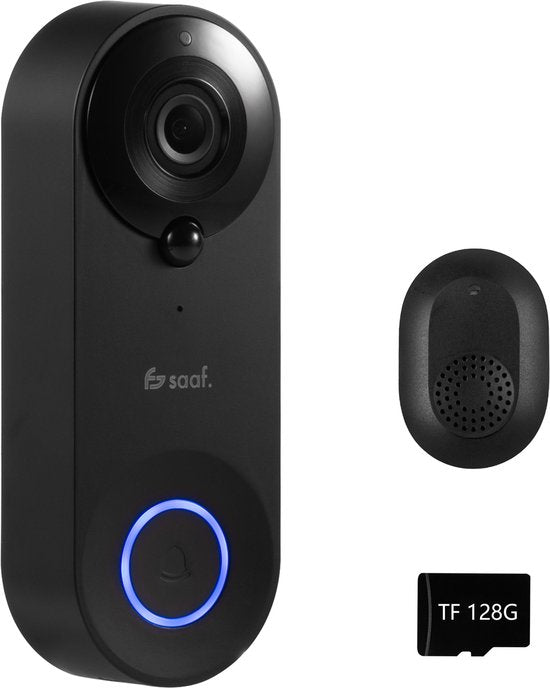Video-Türklingel mit Kamera - inkl. Gong & 128GB SD - drahtlos - intelligente Türklingel - mit App - Schwarz - von Saaf