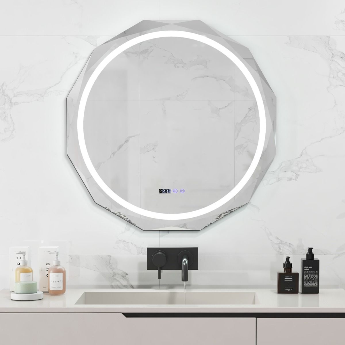 Coast LED-Badezimmerspiegel 76x76 cm Silber/Weiß mit Anti-Beschlag, Beleuchtung, Uhr und Temperaturanzeige
