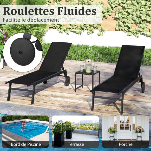 Coast Sonnenliege – 190 x 59 x 99 cm – Verstellbar – Rollbar – Metall – Schwarz