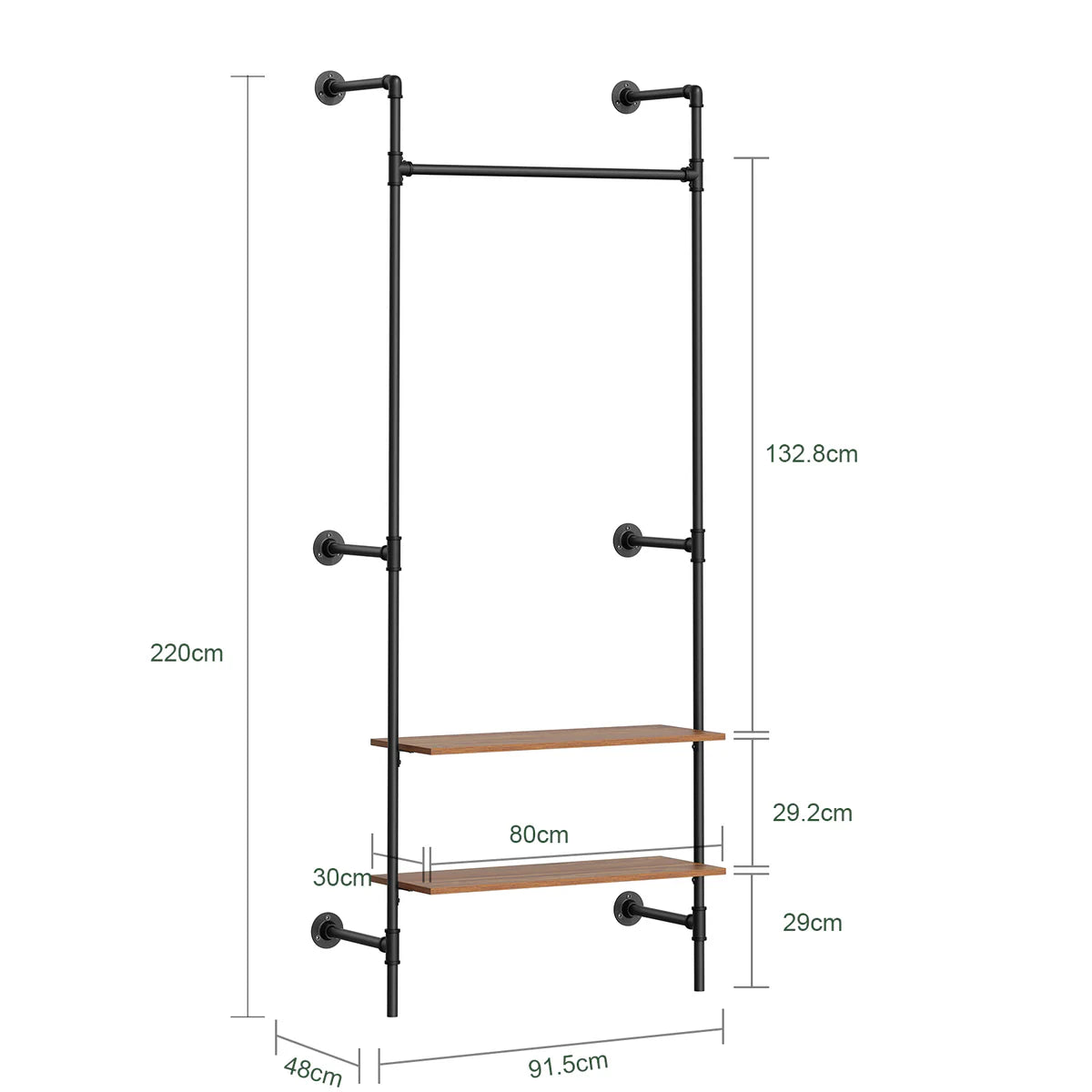 SoBuy KLS20-SCH Kompaktes Wandkleiderständer mit 2 MDF-Regalböden – Industrial Black – 91,5 x 48 x 220 cm