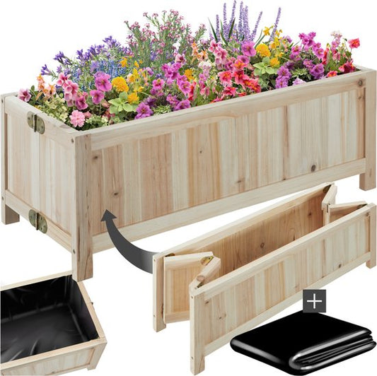 tectake® Hochbeet Blomster - Blumenkästen für den Außenbereich Rechteckig - Inklusive Folie - Faltbarer Blumenkasten aus Holz - Stabil und wetterfest - 70 x 30 x 25 cm - Gartenbeet für Kräuter, Gemüse und Blumen - Anthrazit