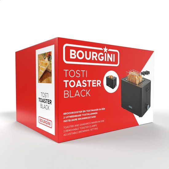 Bourgini Toasti Toaster - Toaster mit Toasti-Clips - Schwarz- Extra breiter Schlitz, geeignet für 2 getoastete Sandwiches - Einstellbare Bräunungsstufe und Auftaufunktion