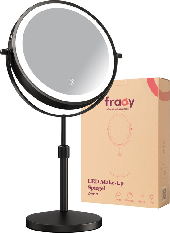 Fraay® Make-up-Spiegel mit LED-Beleuchtung - 10-fache Vergrößerung - Vergrößerungsspiegel mit Licht - wiederaufladbar - Rasierspiegel - Badezimmerspiegel - Schwarz
