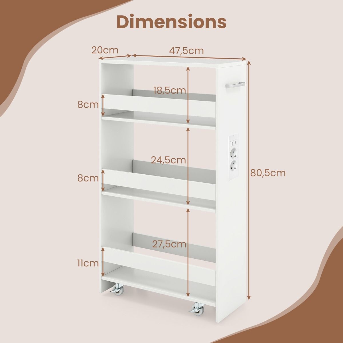 Coast Smalle Aufbewahrungswagen – 4-stöckiger, fahrbarer Küchenwagen – mit Ladestation – weiß 47,5 x 20 x 80,5 cm