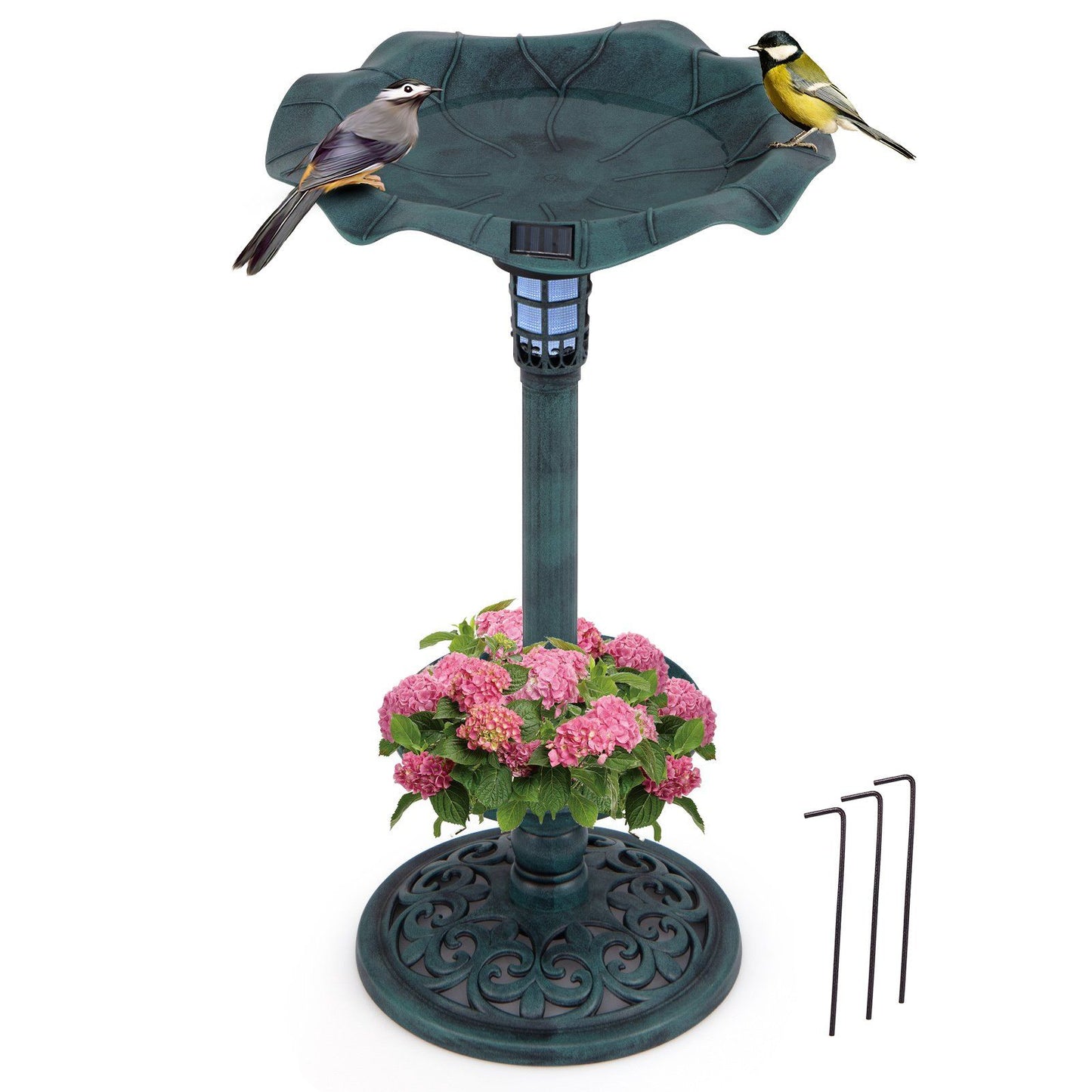 Coast Retro Vogeltränke mit Solarbeleuchtung - Vogelfutterhaus mit Blumentopf und Ständer - grün - 43 x 43 x 76 cm