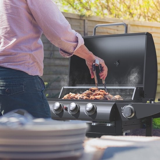 KitchenBrothers Gasgrill - mit Seitenbrenner - 5 Brenner - Mit Gasanschluss - 42x57cm Grillfläche - Schwarz