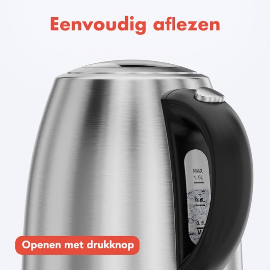 KitchenBrothers Wasserkocher - Elektrisch - 1 Liter - Kleine Campinggröße - Reise-Wasserkocher mit Kalkfilter - rostfreier Stahl
