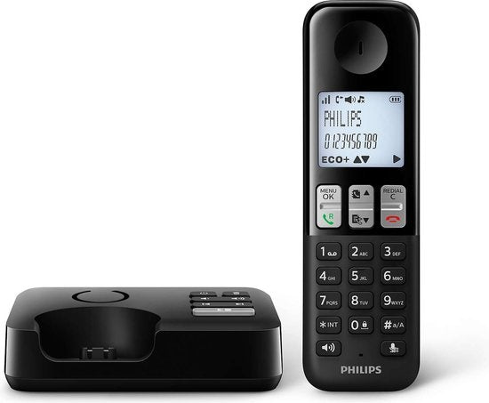 Philips D2551B/01- Schnurloses DECT-Telefon mit 1 Mobilteil mit Anrufbeantworter, 50 Namen/Rufnummern und Anrufer-ID - Schwarz