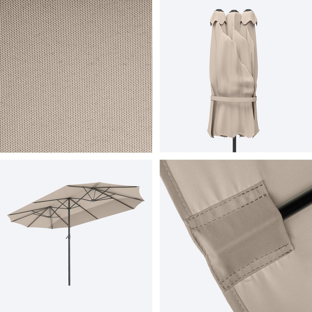 LifeGoods Doppelter Sonnenschirm - 270x460cm - Bis zu 15 Personen - Wasserdicht - Mit Bezug - Taupe