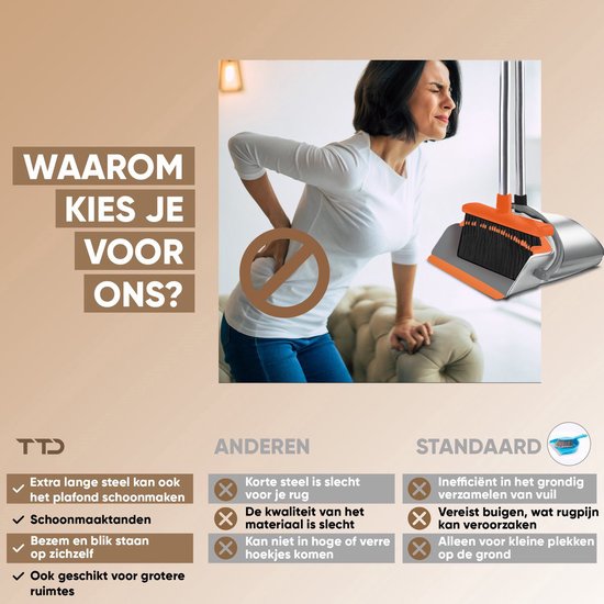 TTD® Kehrschaufel und Bürste mit langem Stiel XXL - Verstellbar 54-263 cm - Besen - Besenstiel - Grau & Orange - Kehrschaufel und Bürste - Schmutzbehälter für drinnen und draußen - Integrierte Reinigungszähne