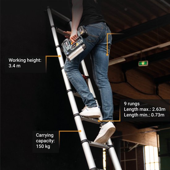 Batavia Teleskopleiter 2.63m - SoftClose & AntiSlip - Ausgezogene Länge 263cm - Anti-Rutsch - Patentierte Soft-Close - Max. Belastung 150kg - Arbeitshöhe 363cm - Giraffe Air
