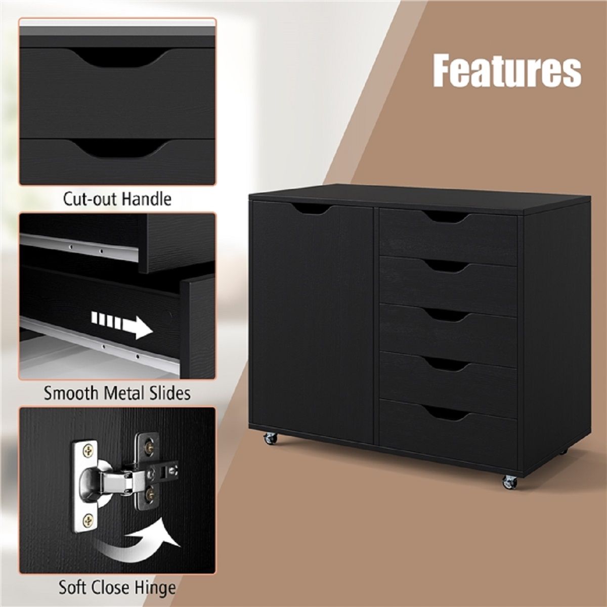 Coast Rollcontainer mit 5 Schubladen – Tür und Arbeitsplatte – mit Rollen – schwarz – 79 x 39 x 65 cm