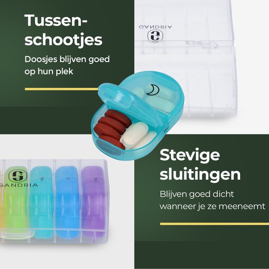 Gandria Pillenbox 7 Tage - Herausnehmbare Pillenbox - Medizinbox mit 14 Fächern - Medizinbox mit stabilem Verschluss - 2 Fächer pro Tag - 7 Farben