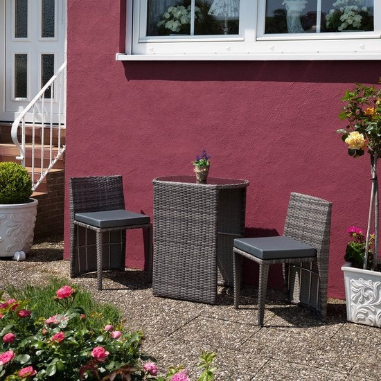 tectake - Bistro-Geflecht, platzsparend zusammenklappbar, Gartenmöbel-Set mit 2 Stühlen und Tisch, Gartenmöbel, Sitzgruppe für Garten, Wintergarten, Balkon, Terrasse - natur - Poly-Rattan