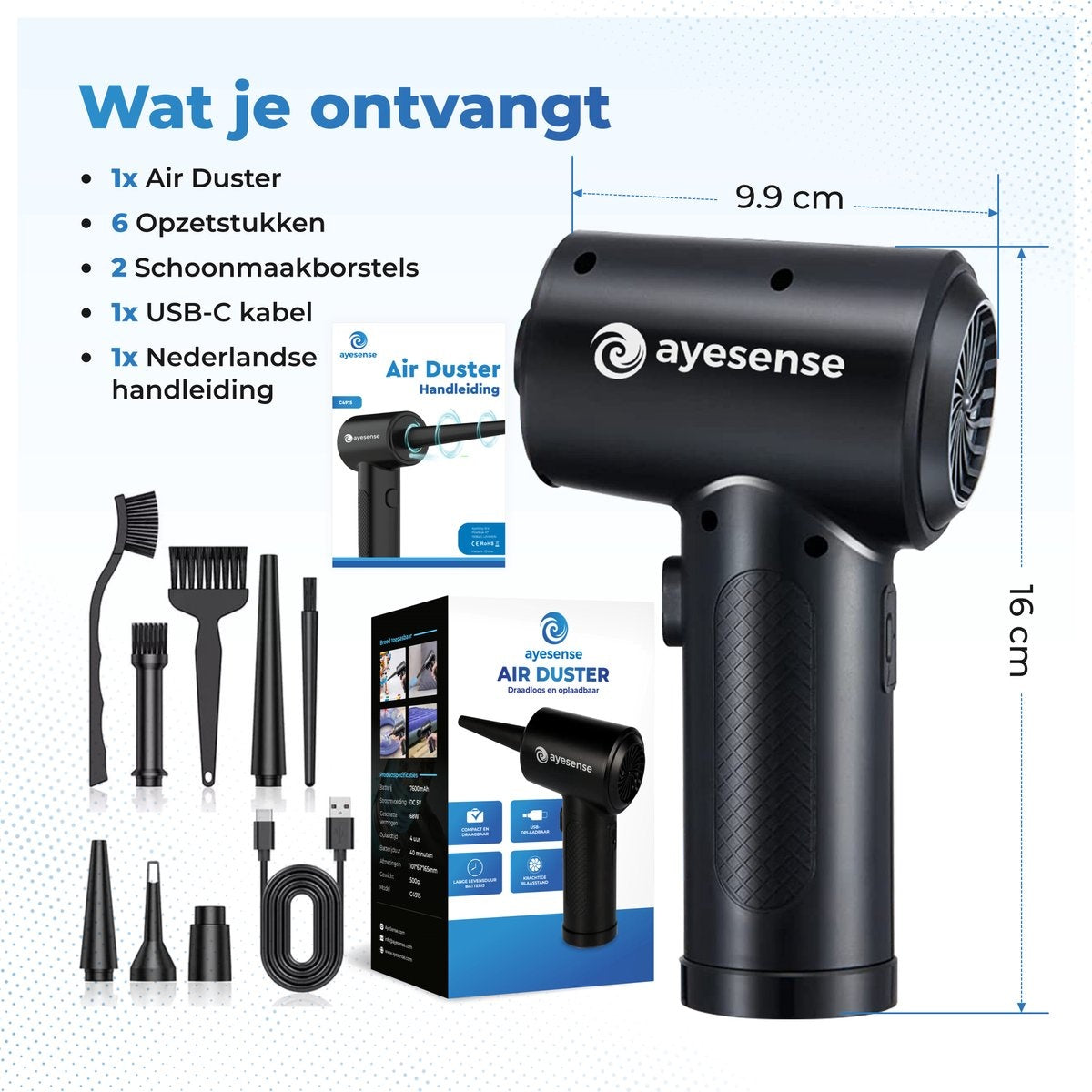 AyeSense Air Duster Pro - 8 Aufsätze - kabellos & wiederaufladbar - 52.000 U/min - Druckluft-Staubreiniger - Druckluft