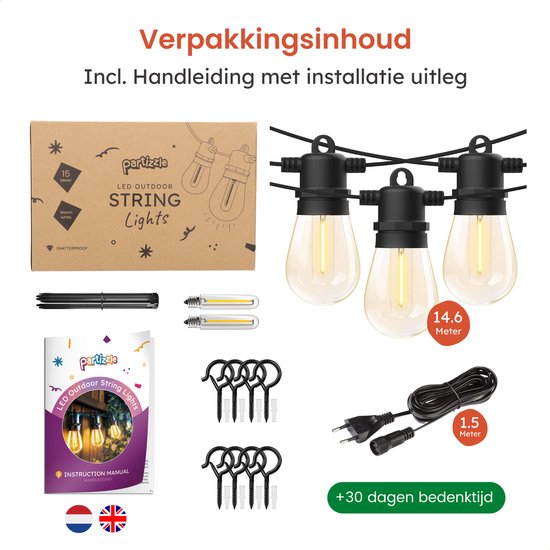 Partizzle 15m LED-Lichterkette für den Außenbereich - Terrassen- und Camping-Gartenbeleuchtung - Lichtergirlande - Weihnachtsbeleuchtung - Wasserdichte Lichtergirlande - 2700K / Warmweiß