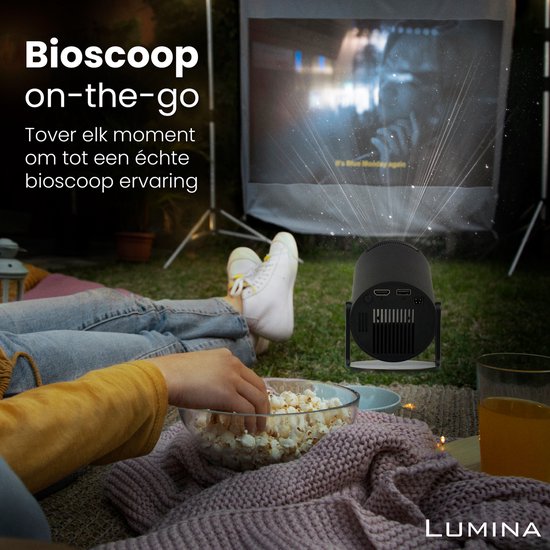 Lumina® Pro Mini Beamer 2026 - Android 14 Smart Projektor mit Google Playstore - Heimkino - Für iOS & Android - WiFi 6 & Bluetooth 5.4 - Schwarz