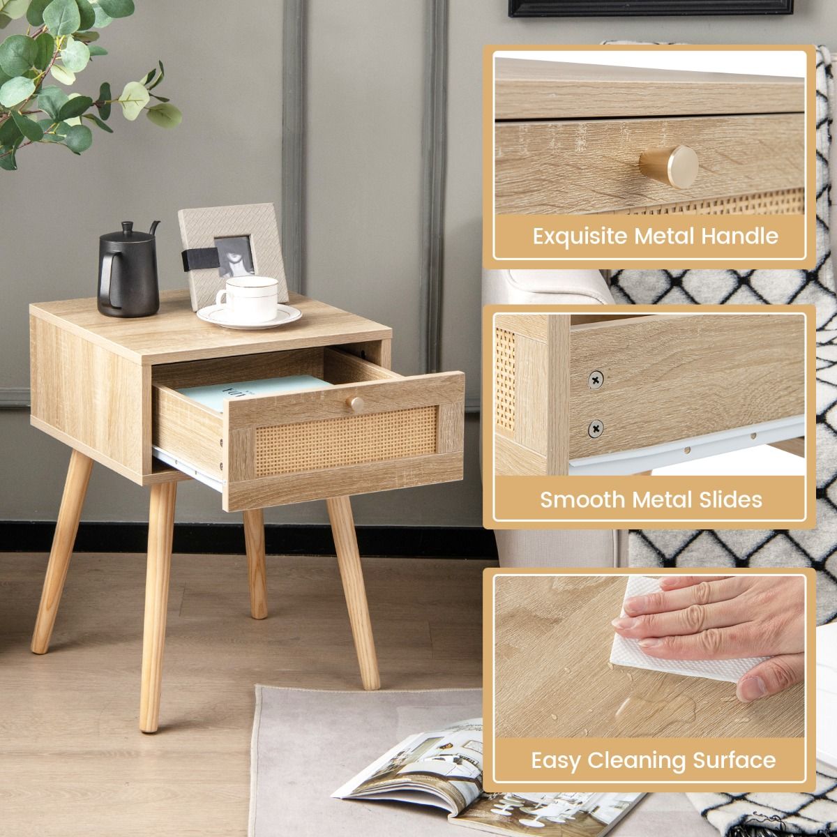 Coast 2er-Set Rattan-Nachttische – mit Schublade – Beine aus Massivholz – Eiche natur – 40 x 40 x 55 cm