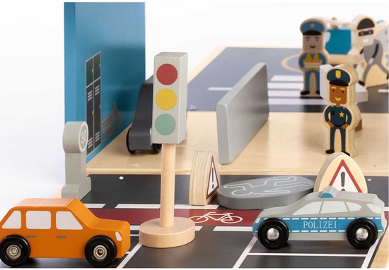 Polizeistation aus Holz – Spielwelt „Polizeistation Gordon“ mit Zubehör – tragbar – zusammenklappbar