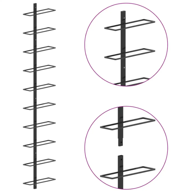MINGHOU Weinregal zur Wandmontage für 10 Flaschen, schwarzes Metall, 23,9 x 8,9 x 119,9 cm