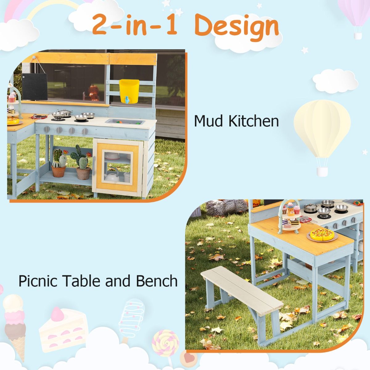 Coast Spielküche für Kinder – 2-in-1-Spielküche und Essecke – mit Stauraum und Zubehör – grau – 150 x 71 x 99 cm