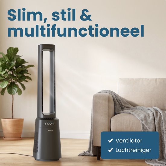 Auronic blattloser Turmventilator mit Luftreiniger – H13 HEPA – 10 Windstufen – Grau