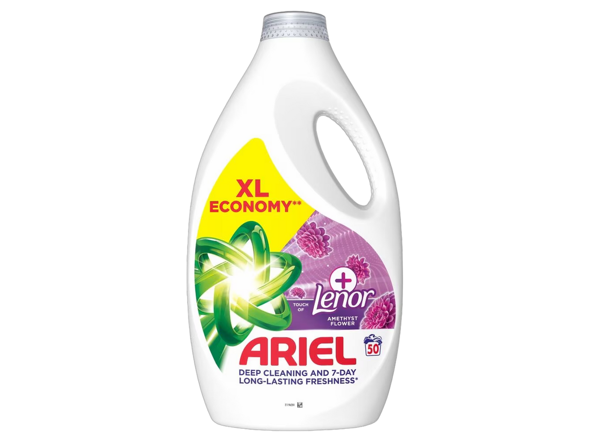 Ariel Flüssigwaschmittel + Lenor Amethyst Flower – 4 x 2,25 l – 200 Waschgänge – Bis zu 7 Tage Frische