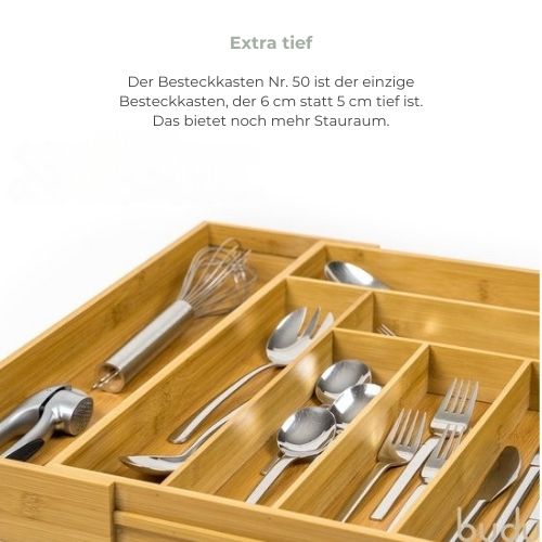 Budu - Erweiterbare Bamboo Besteckkassette - Besteckschublade - 50 x 34.1 x 56 cm - 6/8 Fächer - Holz