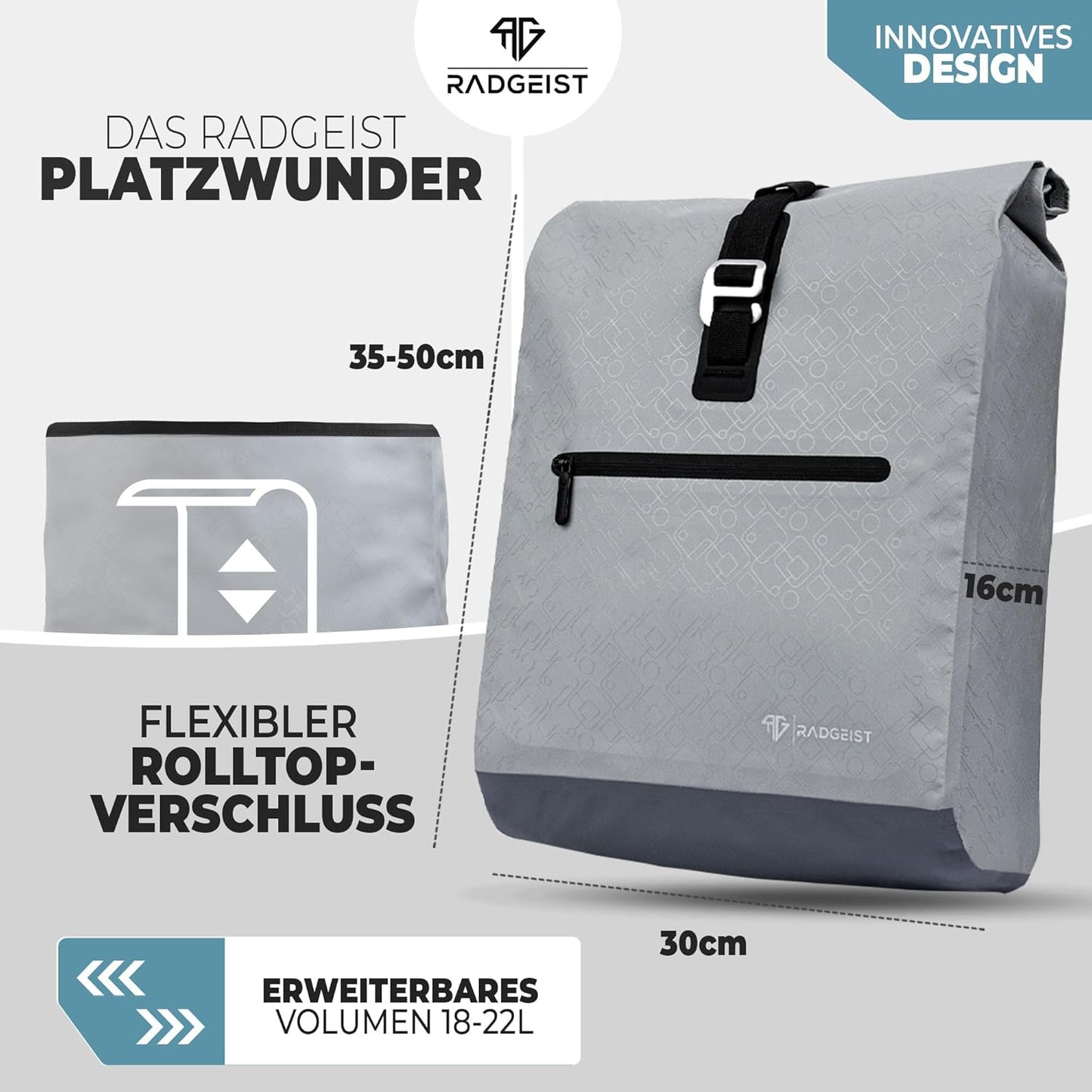 Radgeist Fahrradtasche für Gepäckträger 2-in-1 – Umhängetasche – 100 % wasserdicht – 20 Liter – Grau