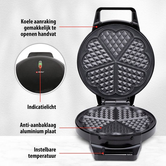 alpina Waffeleisen Herzform - Waffelmaschine - 1000W - Schwarz
