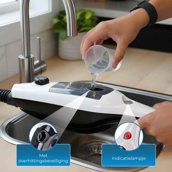 Powell Dampfreiniger - Handdampfreiniger - 2 in 1 - Teppichreiniger - Dampfreiniger Boden - Inklusive 10 Aufsätze - 240 V - 1300 W - Schwarz/Weiß