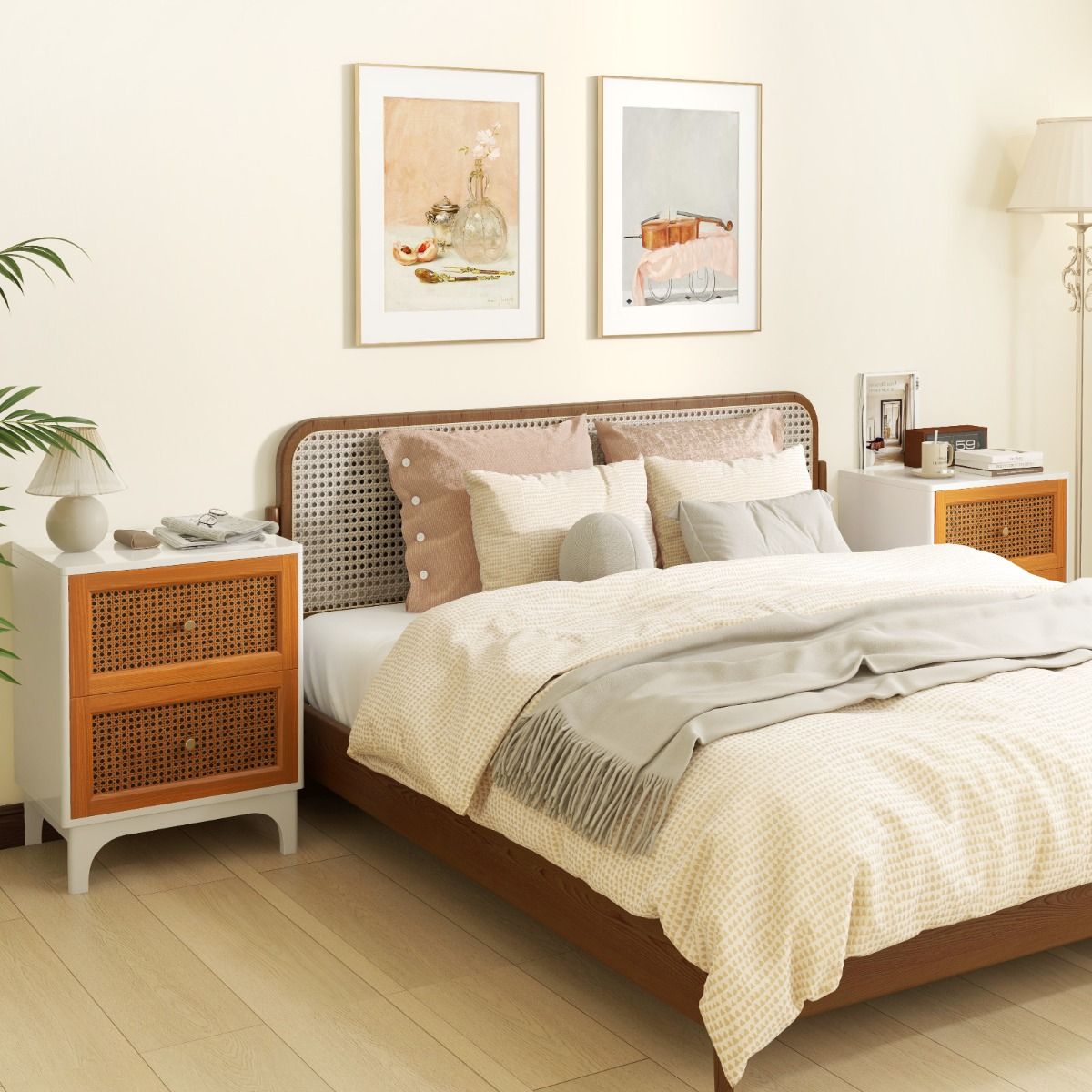 Coast Rattan Nachttisch Boho Weiß & Braun 46x33x59,5 cm mit 2 handgeflochtenen Schubladen