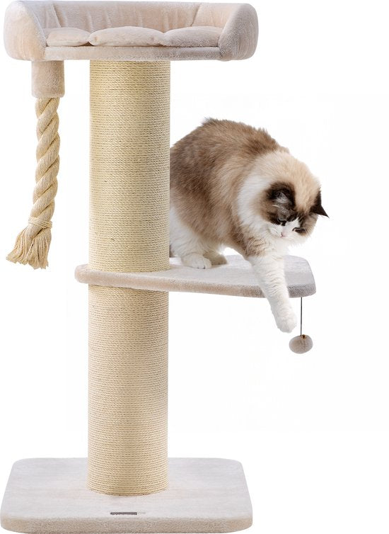 Jake und Jacky Kratzbaum für große Katzen mit Korb – mit Spielseil – mit Trittstufe – Natur/Creme – 57 x 57 x 121 cm – Ø Kratzbaum 20 cm