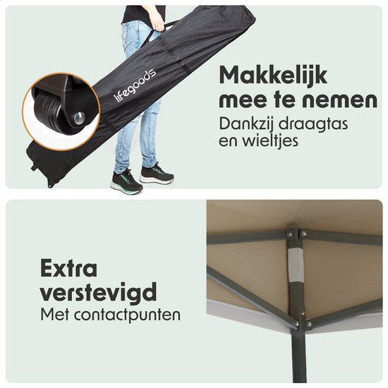 LifeGoods Partyzelt - faltbar - 3x6 m - einfacher Aufbau - Pavillon - wasserdicht - Tragetasche mit Rädern - Beige