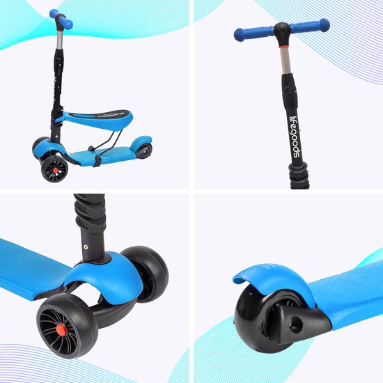 LifeGoods MultiRider Kids' Scooter - Stufe 3-8 Jahre - Verstellbarer Sitz - Leuchtende Räder - Jungen/Mädchen - Blau