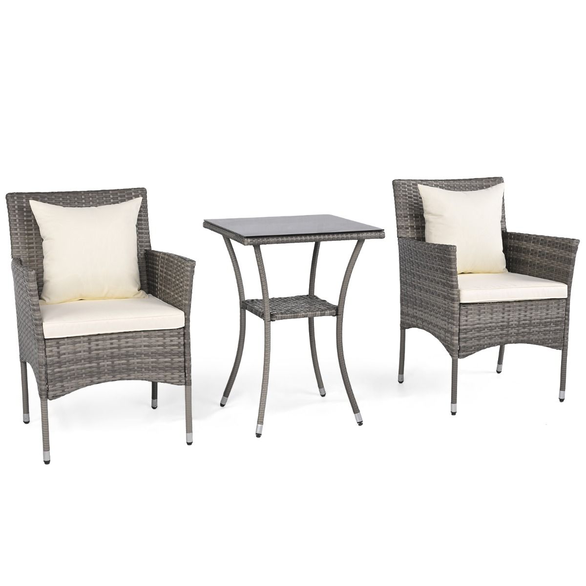 Coast 3-teiliges Gartenset – 2 Rattan-Gartenstühle mit Kissen – Beistelltisch mit gehärtetem Glas – Grautöne
