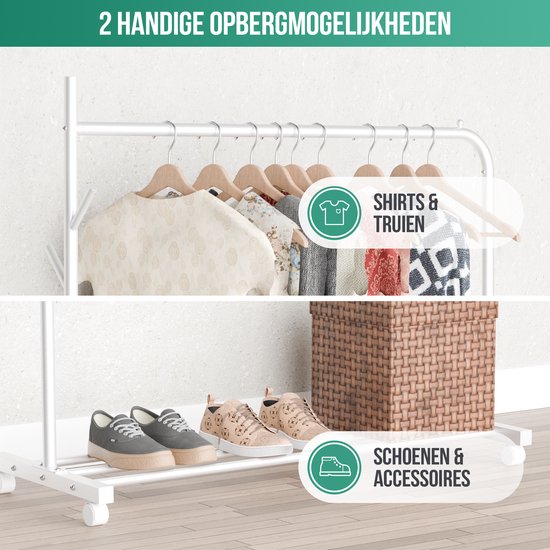 Avalo Kleiderständer auf Rädern Weiß - Metall - 100x40x156 - Aufbewahrung für Schuhe
