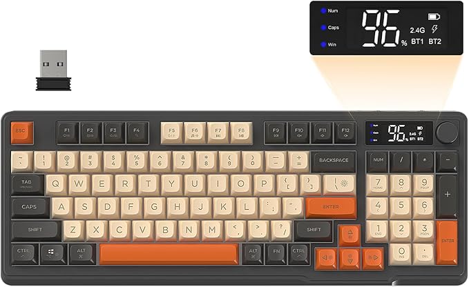 FREEWOLF M96 Wireless Gaming Keyboard, Tastensteuerung Bluetooth/2.4G Wireless Mechanical Feel Keyboard, RGB LED-Hintergrundbeleuchtung mit Display, PBT Keycap, 3000mAh, US Layout für Win/Mac Flickering