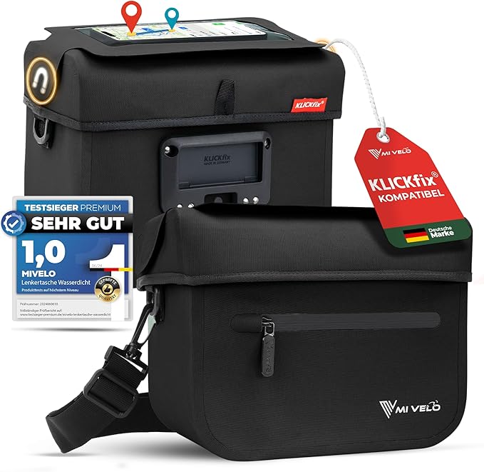 MIVELO - Lenkertasche - 100% wasserdicht & mit Handyfach - 7 Liter - 26 x 21 x 14cm - Schwarz