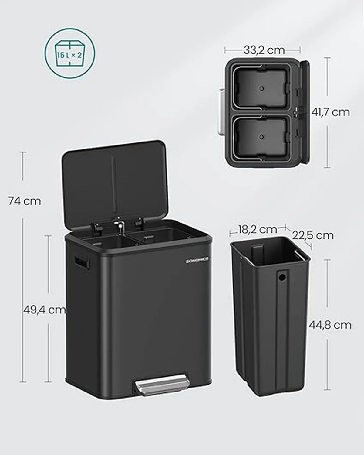 Songmics Küchenabfalltrennsystem 30 l – 2 x 15 l Abfallbehälter – Tiefschwarz – Stahl