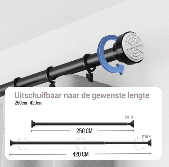 Vorhangstange ohne Bohren – 250 bis 420 cm – Ausziehbare Duschvorhangstange – 400 cm – Ausziehbare Klemmstange – Metall, schwarz
