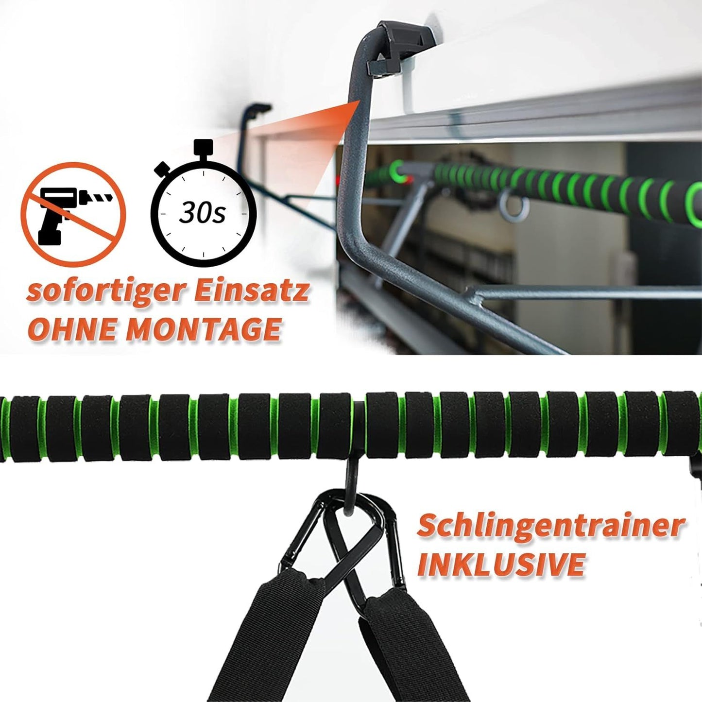 DH FitLife Klimmzugstange für die Tür – Schraubenlose Klimmzugstange mit Slingtrainer – Schwarz/Grün – 70–92 cm