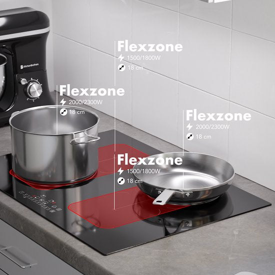 KitchenBrothers Induktionskochfeld - Einbau-Induktionskochfeld - 70 cm - 4 Zonen - 2x Flexzone - 1 und 2 Phasen - bis zu 2800W - Schwarz