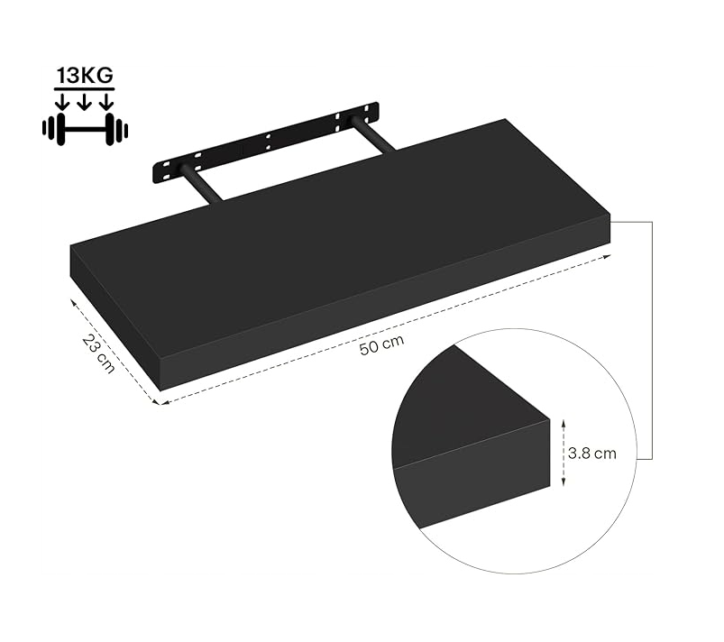 Esituro Wandregal, freihängend, 50 cm – 2er-Set – Schwarzes MDF – Modern