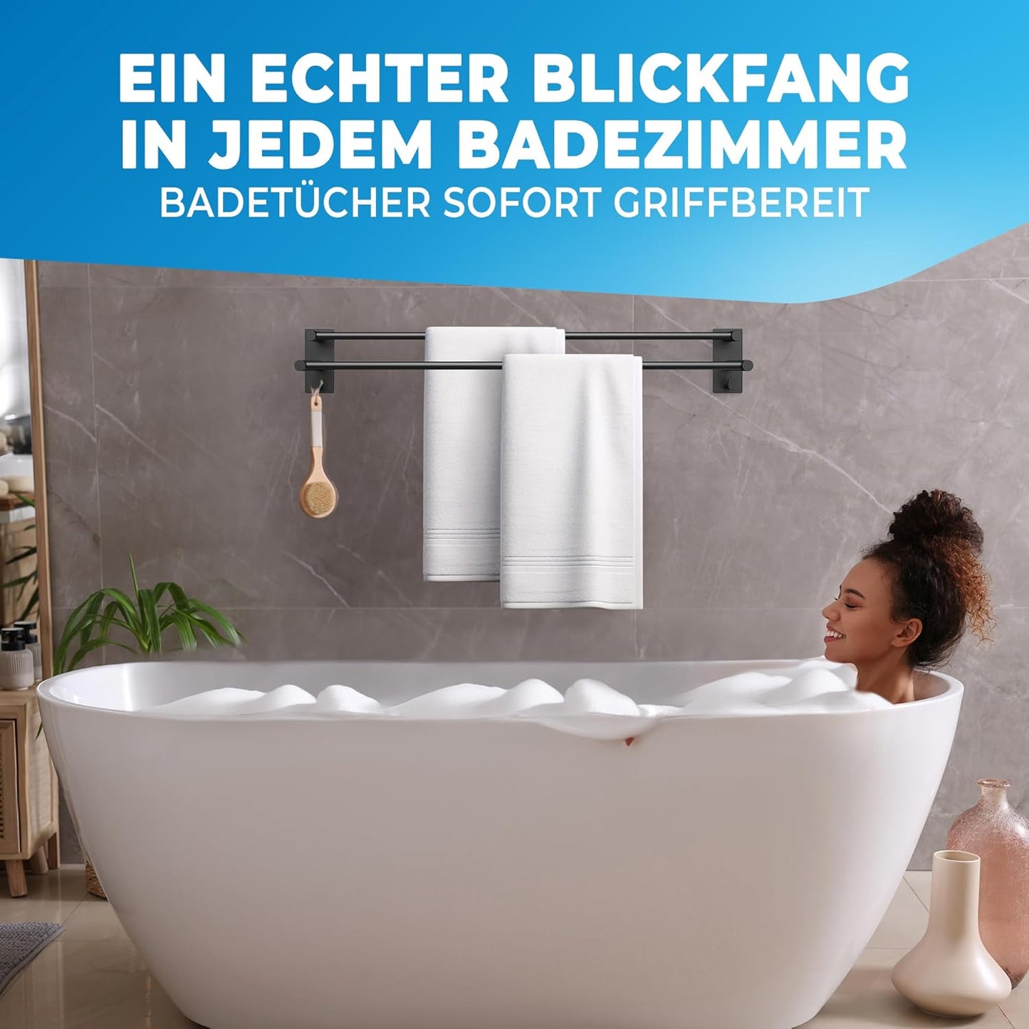 LOBUX® - Handtuchhalter ohne bohren schwarz – 80cm, Edelstahl rostfrei – Handtuchhalter Bad doppelt, selbstklebend – Handtuchstange, Badetuchhalter inkl. 2 Handtuchhaken – Badezimmer, Duschwand, Küche